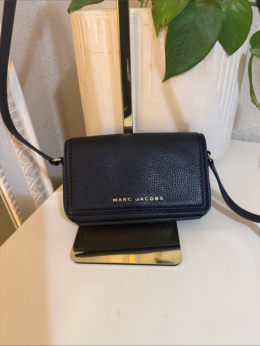 Marc Jacobs Black Pebbled Leather Mini Crossbody Wallet with Gold Logo
